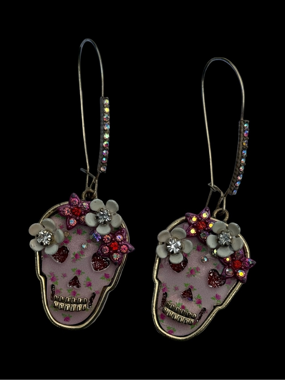 Betsey Johnson Pink Floral Skull Drop Earrings